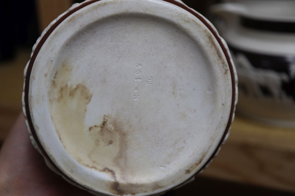 19th century coloured white stonewares to include - a large Stilton dish and cover, large ceramic jug (handle a.f.) and five other item